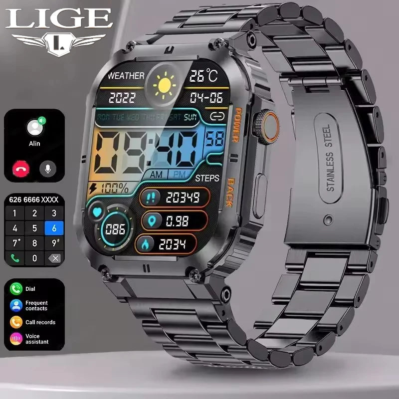 LIGE Outdoor Sports Fitness Smartwatch For Men 1.96 Inch Screen Bluetooth Calling Waterproof Watches Blood Oxygen Reloj Hombre