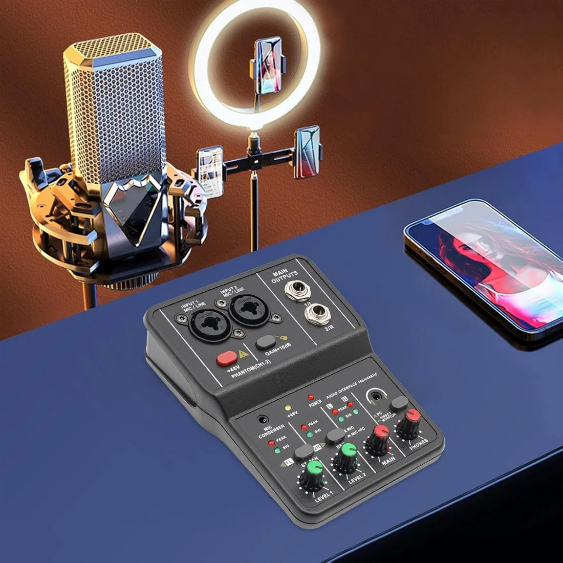 2-Channel Compact Audio Mixer with 48V Phantom Power Portable Sound Board for Karaoke/Recording/Live (3.9x5.5x1.7in, 0.48lbs)