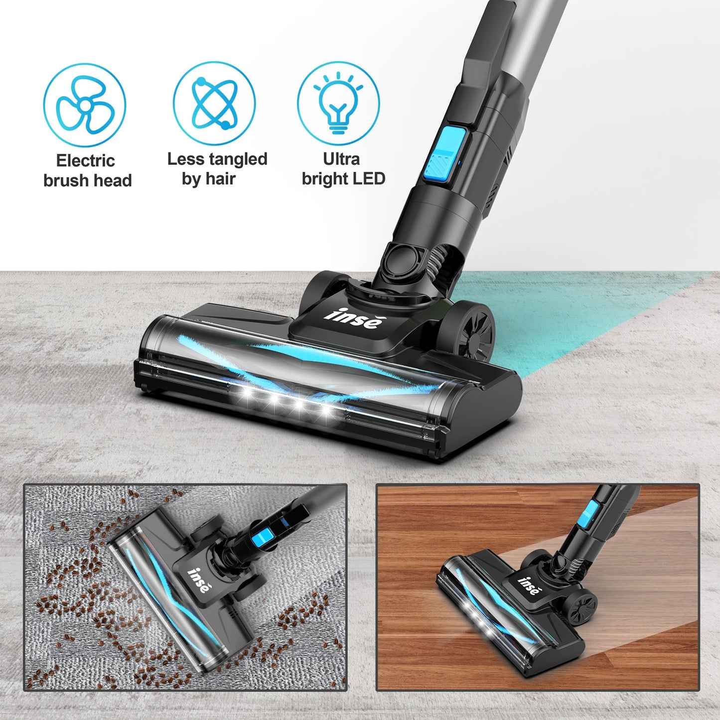 INSE N520 Cordless Vacuum Cleaner, 28Kpa 6-in-1 Rechargeable Stick Vacuum Lightweight for Carpet Hardfloor Pet Hair Home