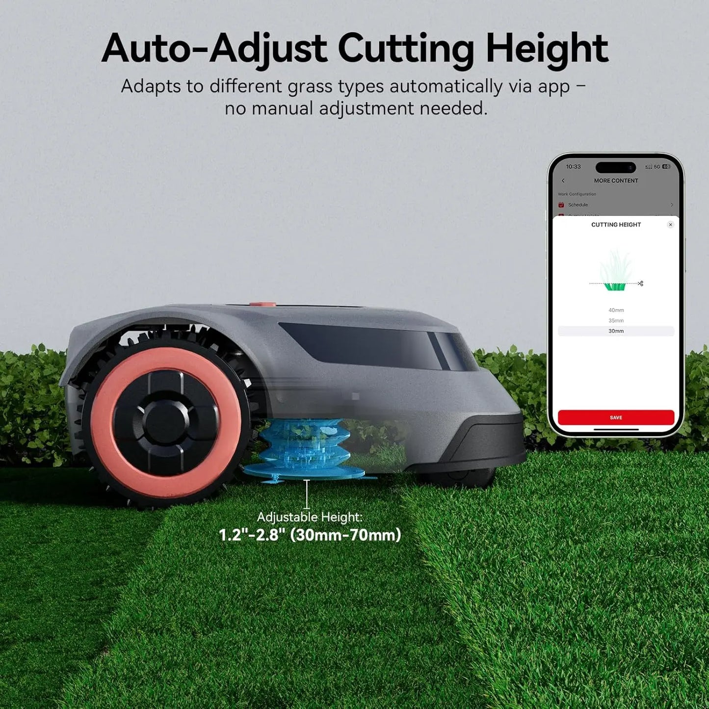 Automatic Robotic Lawn Mower for 0.25 Acre, 45% Slope, 70Min Runtime with Boundary Wires & App Control