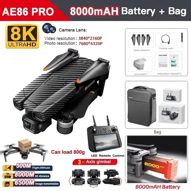 AE86 PRO Max Profesional Drone with 8K HD Camera 3-axis gimbal Aerial Photography Obstacle Avoidance FPV GPS Dron RC Quadcopter
