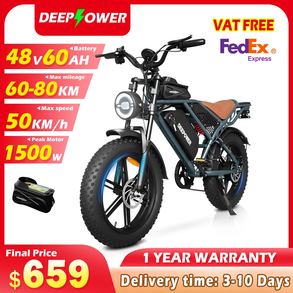 DEEPOWER QS7 Electric Bicycle 1500W Brushless Motor MTB Electric Bike 48V 60AH Lithium Battery Speed 50Km/h Adult Off Road Ebike