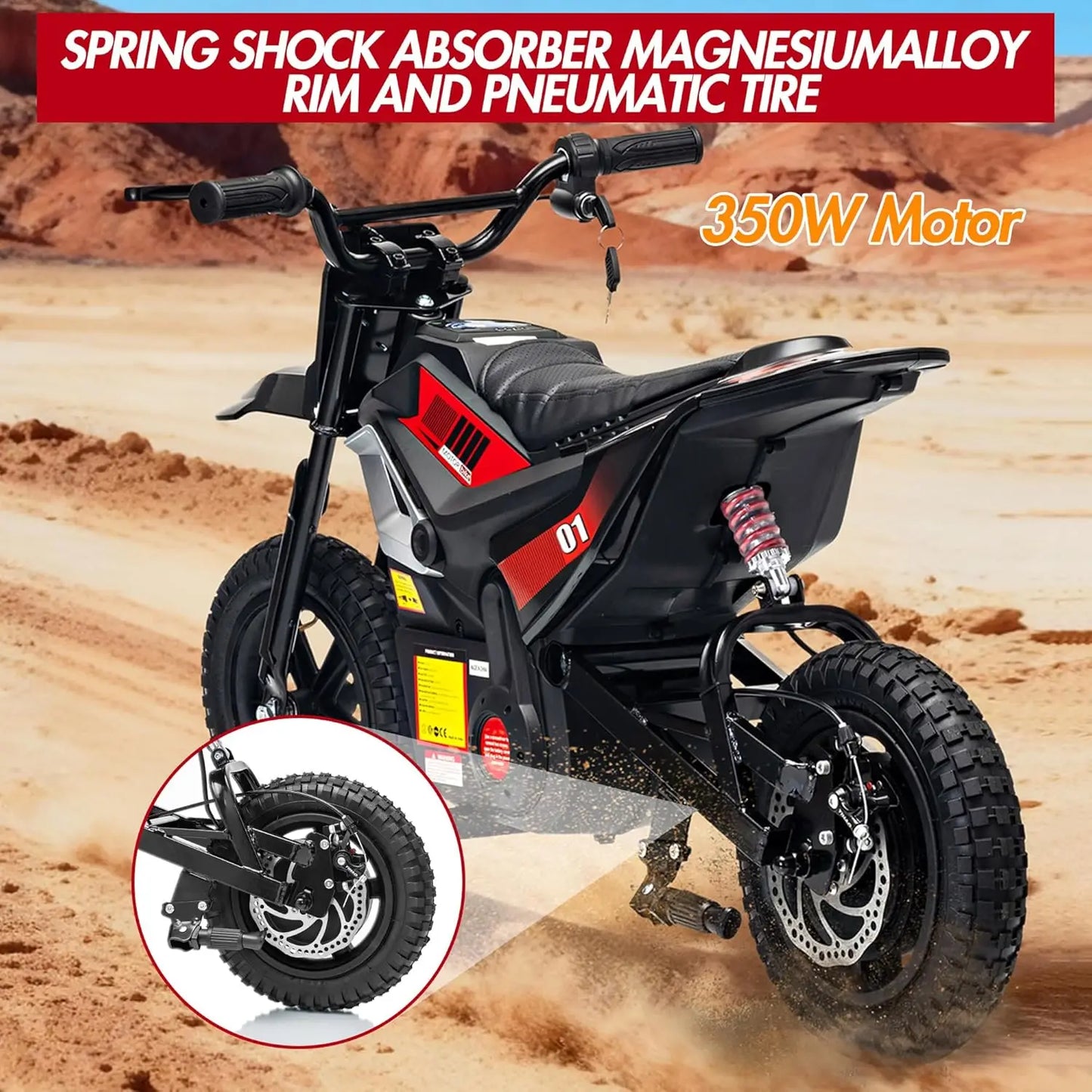 24V Electric Dirt Bike, 350W Kids Electric Motorcycle, Up to 14MPH & Max 130lb with Key Start, Throttle Grip, Manual Rear Brake