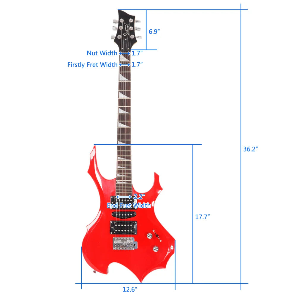 Red Flame Shaped Electric Guitar with 20W Electric Guitar Sound HSH Pickup Novice Guitar Bag Strap Picks Shake Cable Wrench Tool