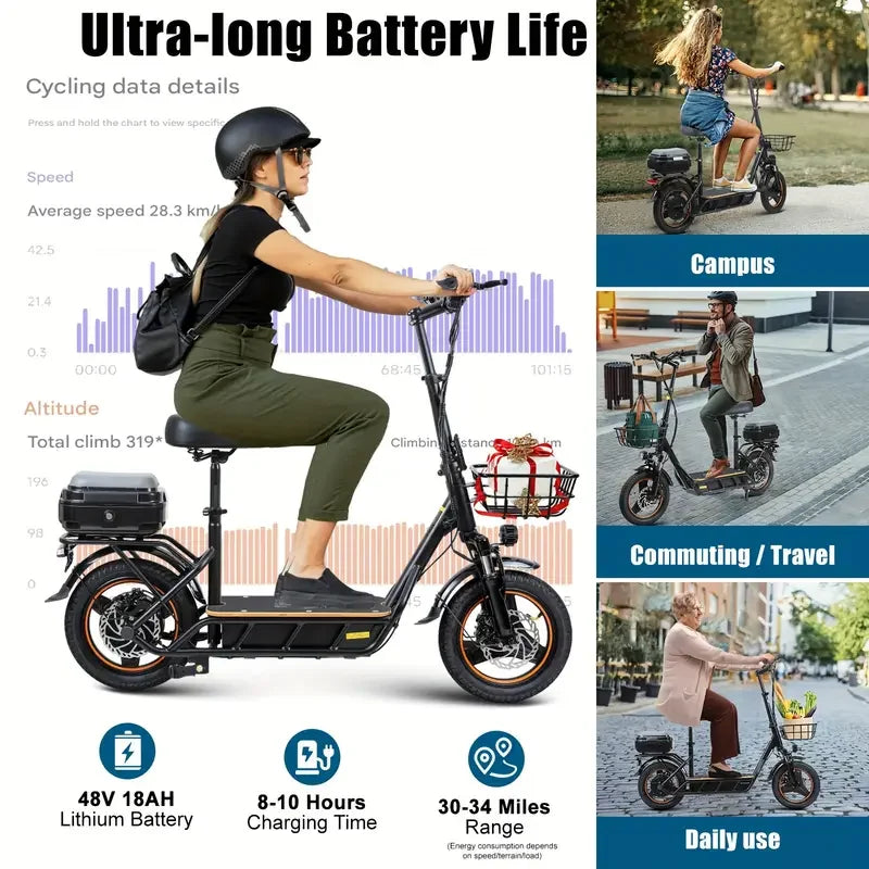 750W Electric Scooter 48V 18AH Battery 14 Inch Tires 40KM Long Range  E-Scooter for Adults with Basket Commuter Scooter