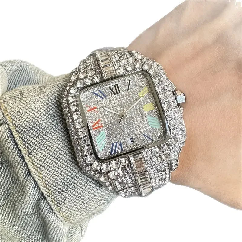 2025 New Luxury Diamond Watch Men Fashion Iced Out Square Colorful Number Watches Hip Hop Bling Jewelry Reloj Hombre for Party