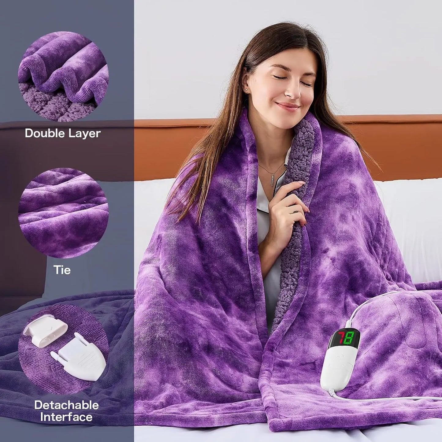 Purple Faux Fur Heated Electric Blanket with 10 Heat Levels & Timer, 50x60 Inches for Sofa Bed