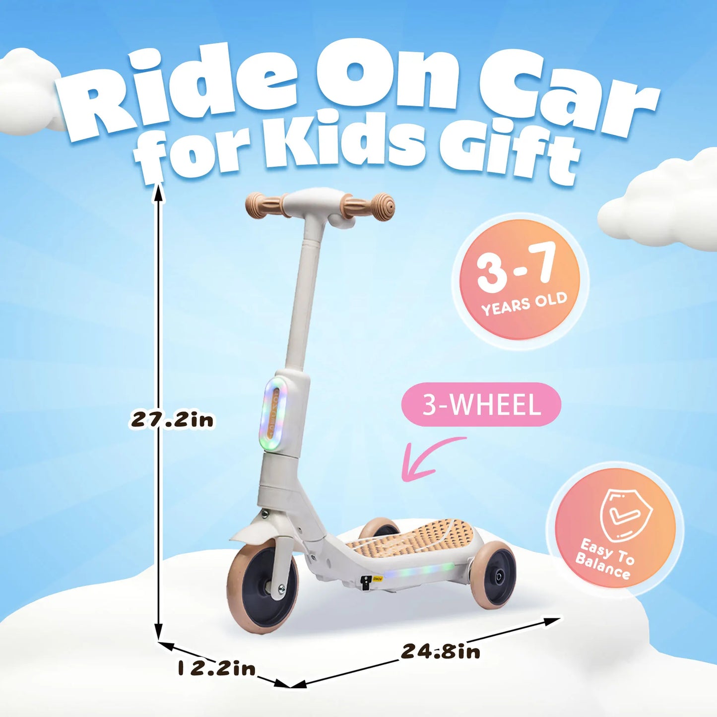 Electric Scooter for Kids Aged 3-6 Years, Ride on Toys, 3 Wheel, 3 mph Max Speed, 8 Miles Range, 66 Lbs Max Load, White