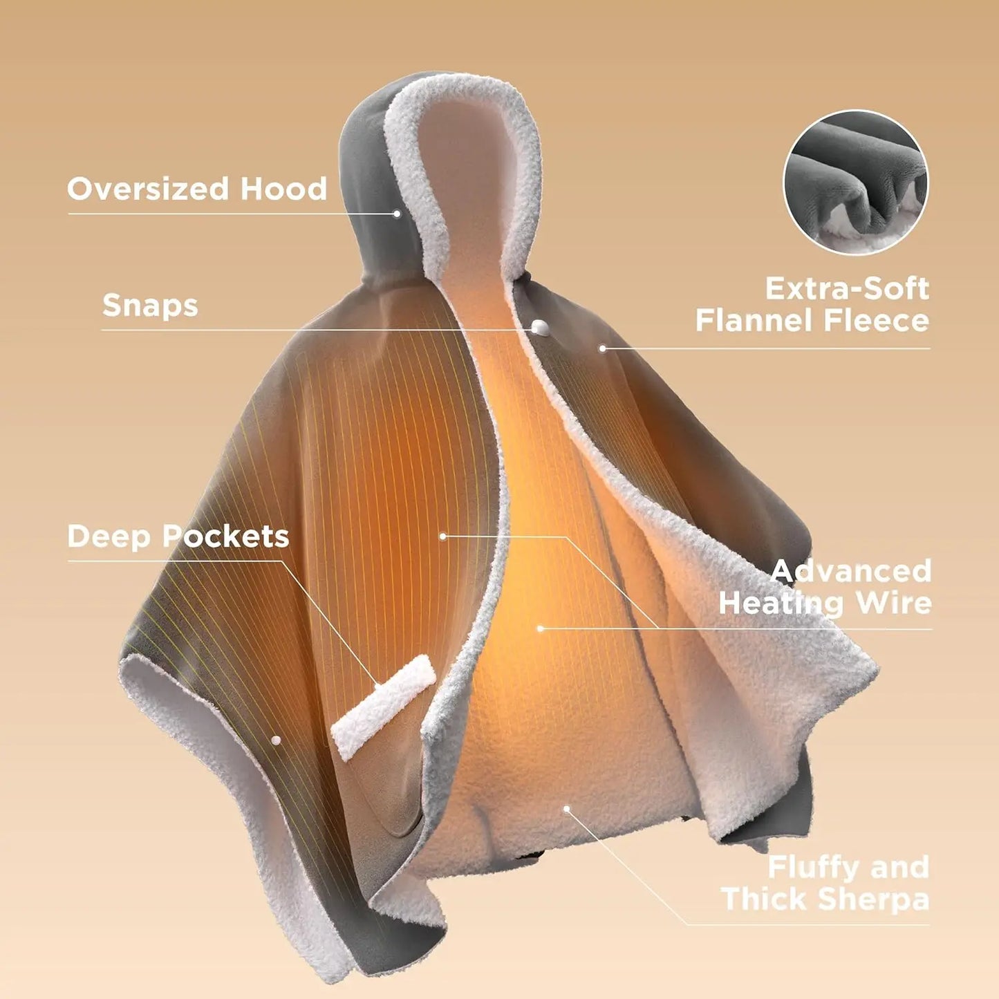 Electric Heated Blanket Shawl Hoodie for Adults, 4 Timer & 6 Heat Settings, Grey, 55x64 inches