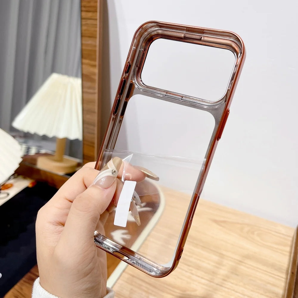 Plating Fold Glass Camera Stand Holder Phone Case For iPhone 17 17Pro 17Air 17 Pro Max Ultra Thin Transparent Shockproof 2028