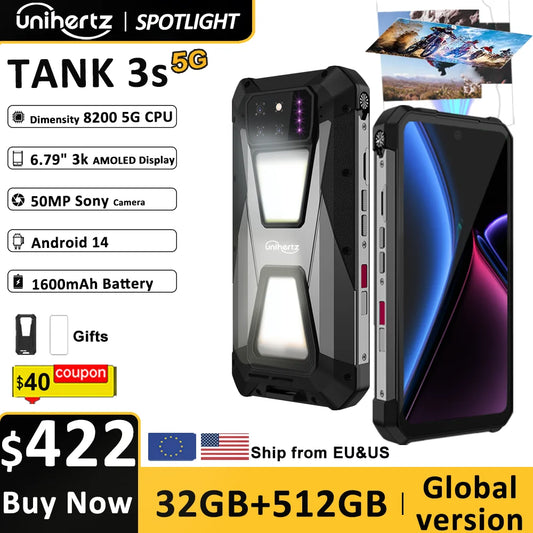 Unihertz tank 3s 8849 powered smartphone with projector 24GB 256GB Dimension 8200 cellphone 15600mAh 66W charger 64MP 5G phone