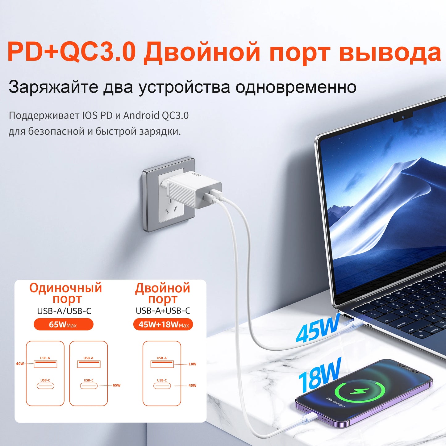 QERE Fast Charger PD 65W GaN Phone Universal Adapters EU Plug Safe Type C USB Intelligent Lightning Fast Charging Mini Portable
