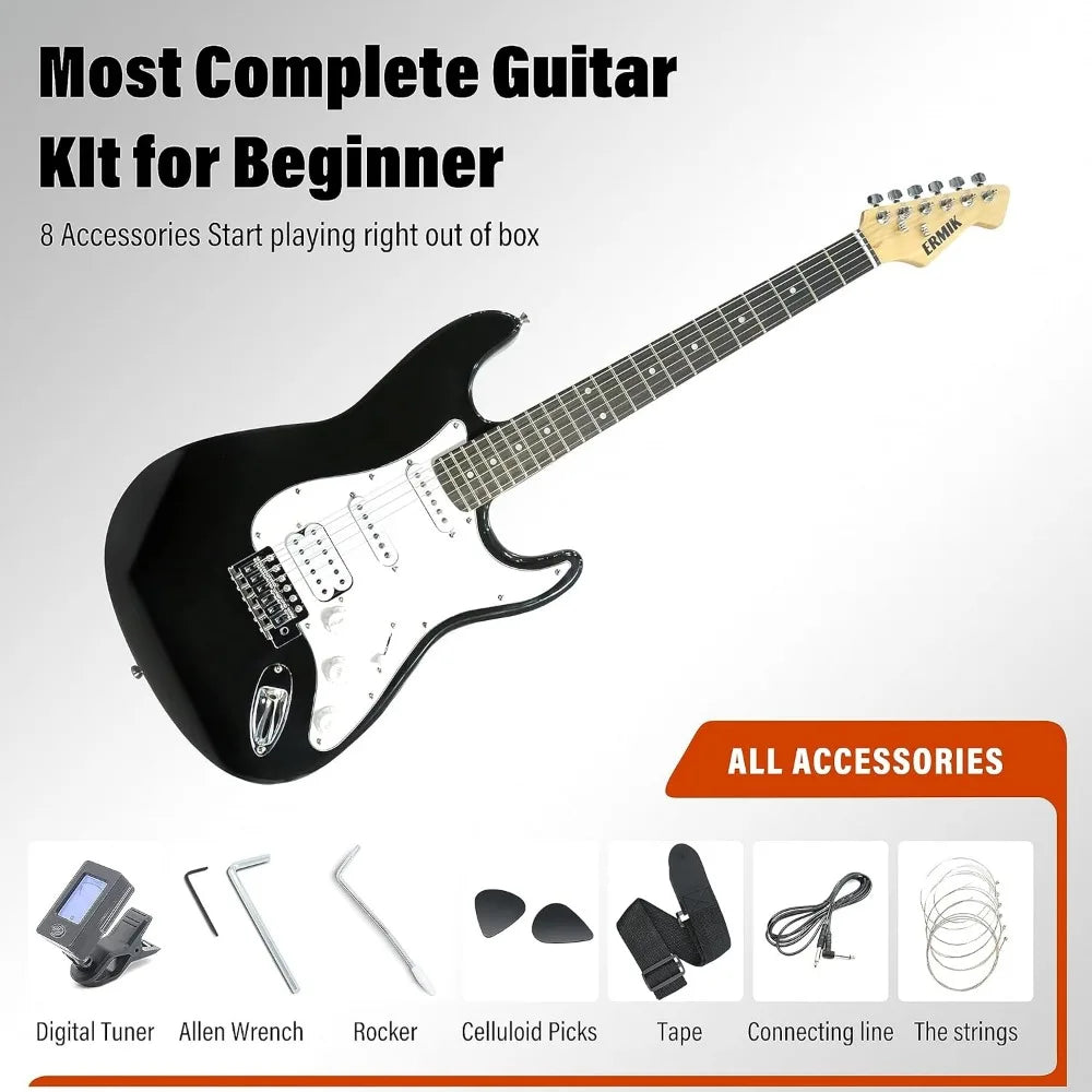 Solid Electric Guitar Kit with amp, 39 "Full size Guitar HSS pickup Guitar Electric Beginner Gift - black