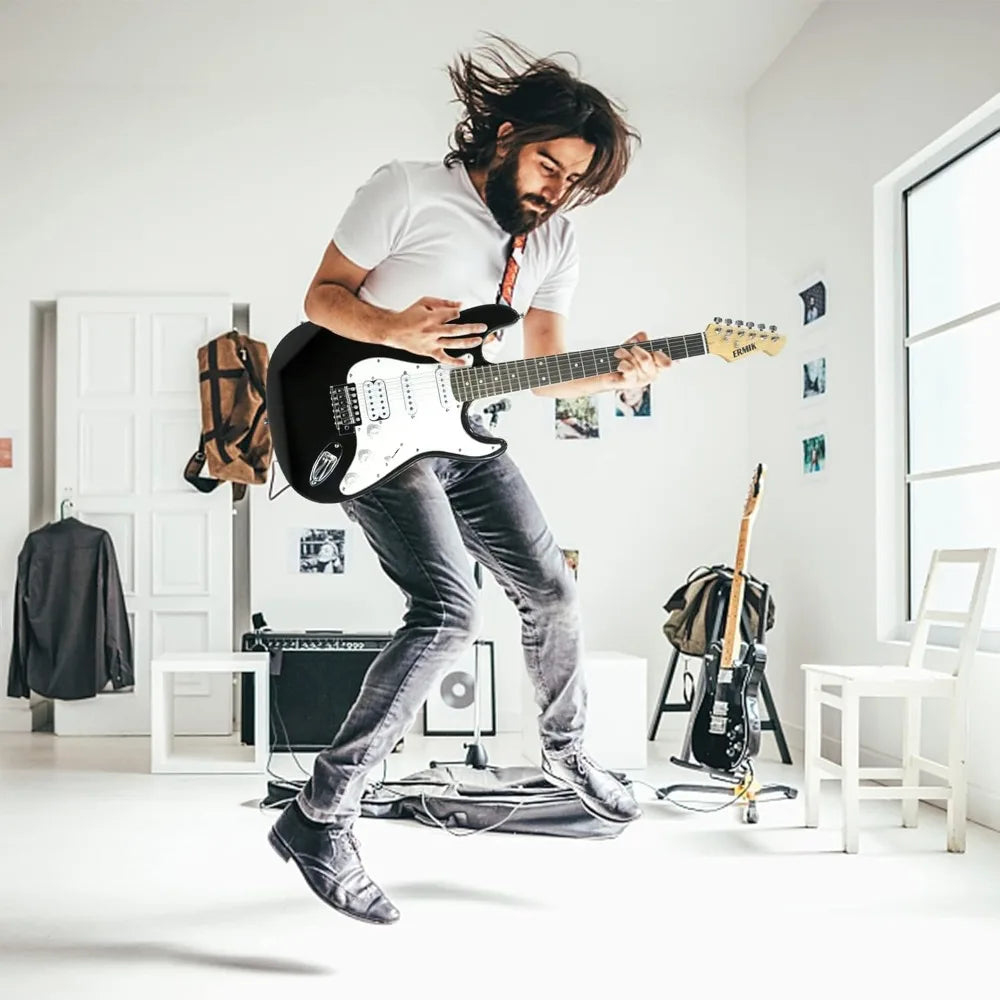 Solid Electric Guitar Kit with amp, 39 "Full size Guitar HSS pickup Guitar Electric Beginner Gift - black