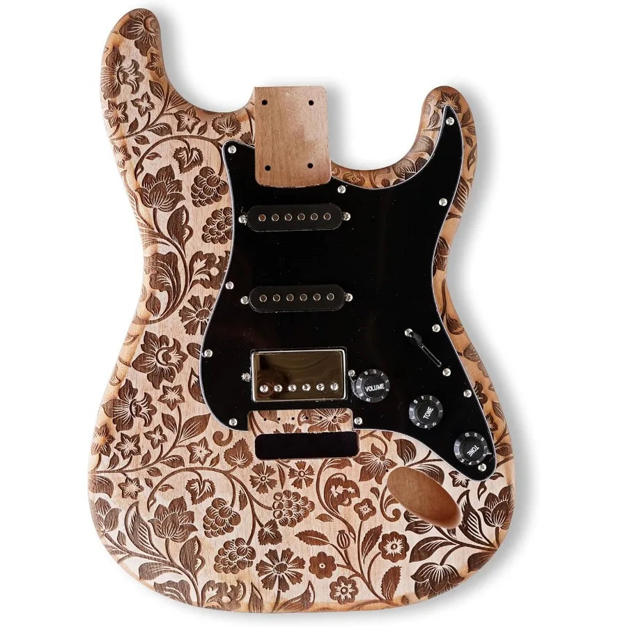 DIY ST Style Electric Guitar Kits with Engraved Surface in Natural Color Mahogany Body Maple Neck and Composite Ebony Fingerboa