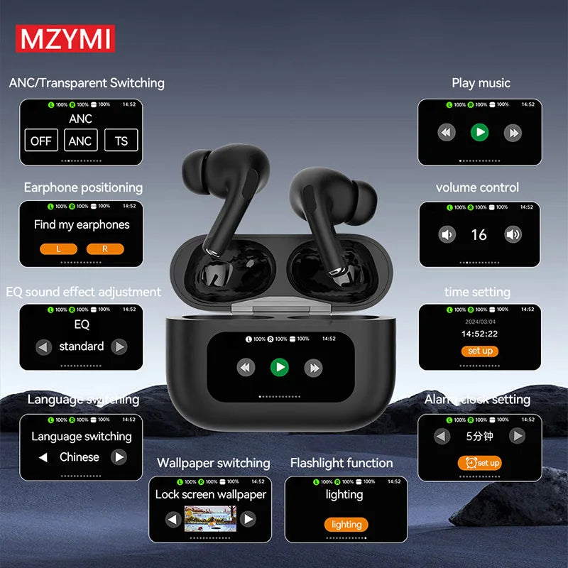 MZYMI YX30 ANC Wireless Earphone LED Touch Screen Active Noise Cancelling Bluetooth Headset G4 ANC+ENC Sport Headphone With Mic