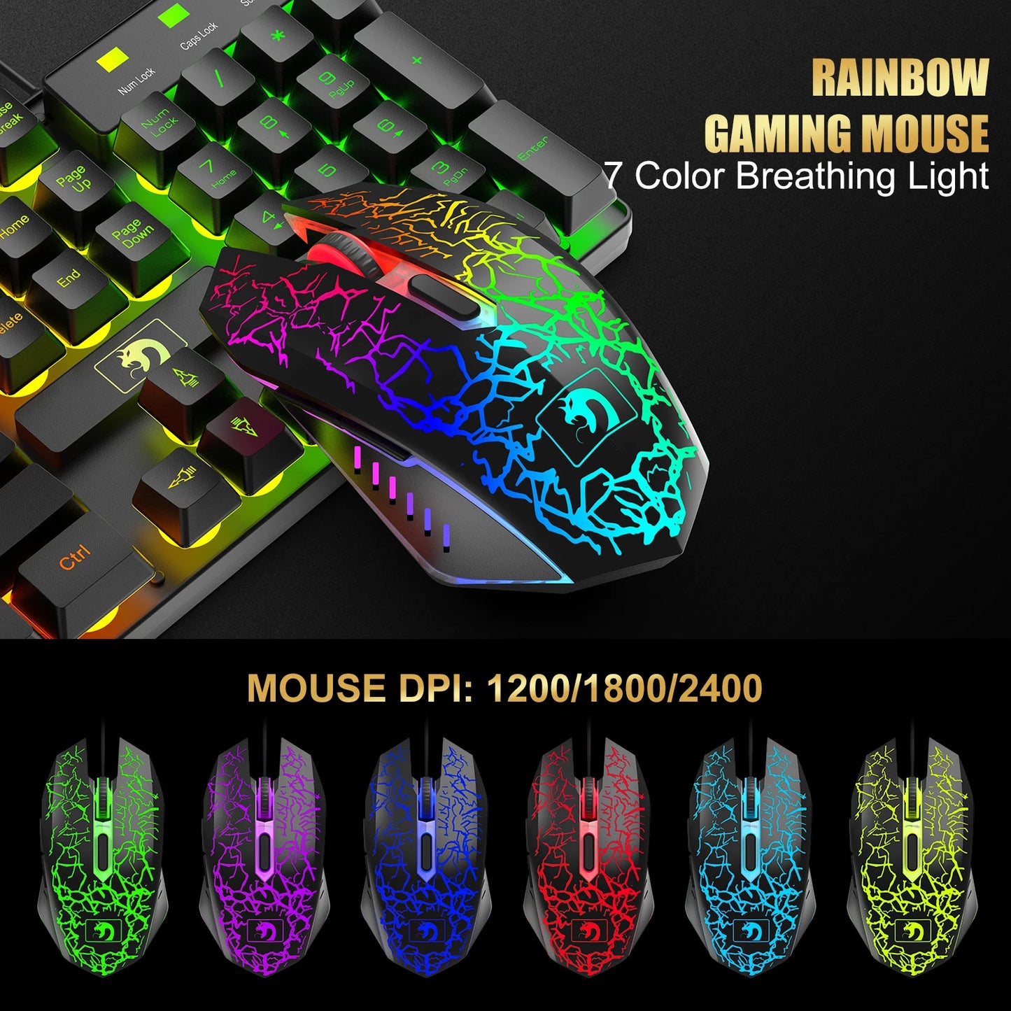 MANBASNAKE T11 Wired Gaming Keyboard and Mouse Headset Combo,Rainbow LED Backlit Wired Keyboard