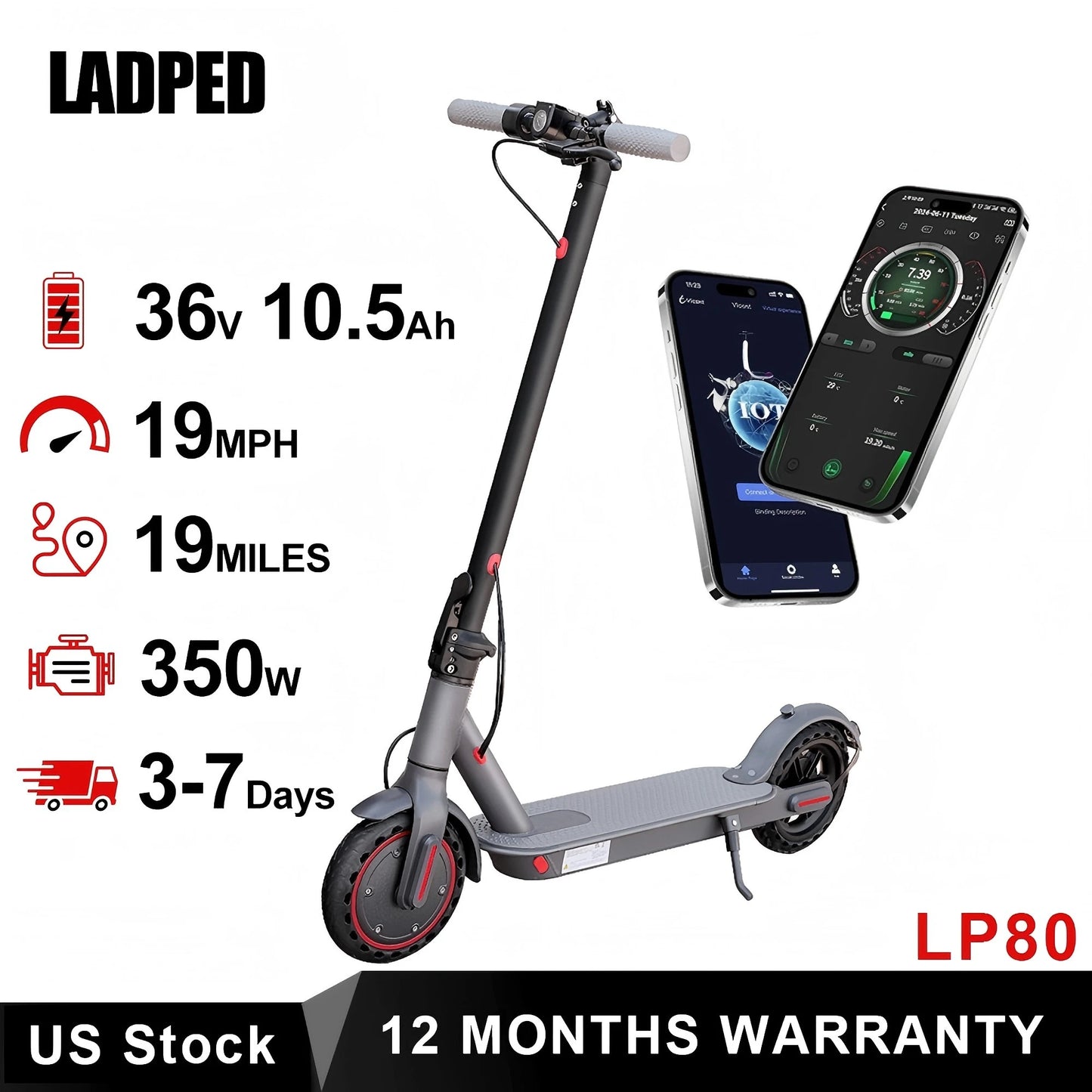 LADPED Electric Scooter 350W 19MPH APP Smart Control Scooter 8.5inch tire Folding E-Scooter 16Miles Max Range for Adult