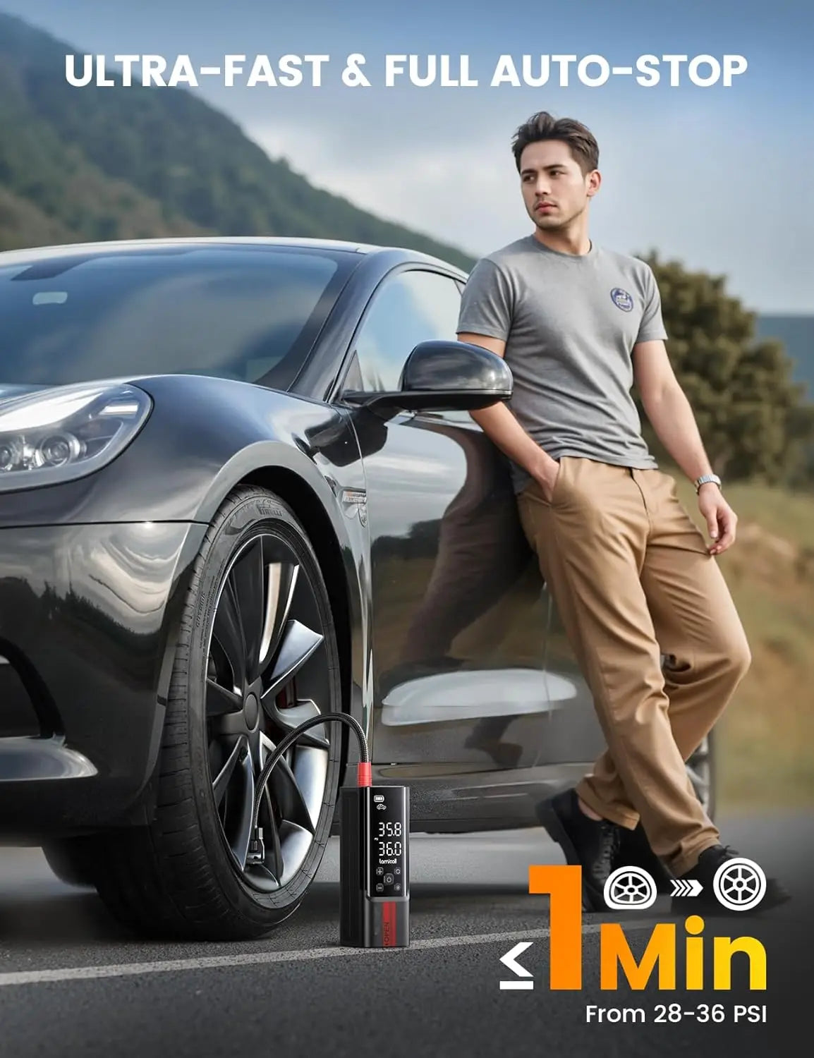 Portable Cordless Air Compressor 150 PSI, Digital Gauge & LED Light, Fast Inflator for Car, Motorcycle, Bike, Ball