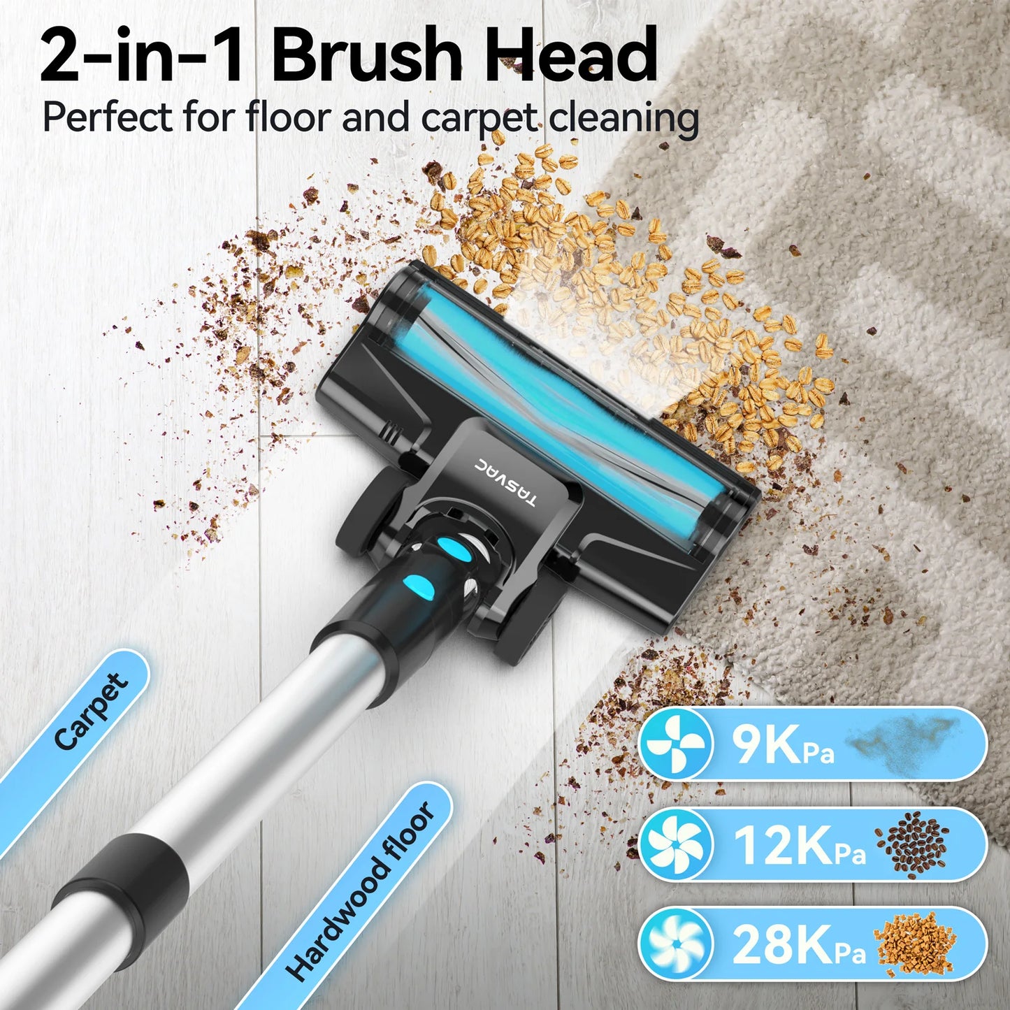 TASVAC 28KPa Cordless Vacuum Cleaner Powerful Suction 6-in-1 Lightweight Handheld Stick Vacuum 40min Runtime for Carpet Pet Hair