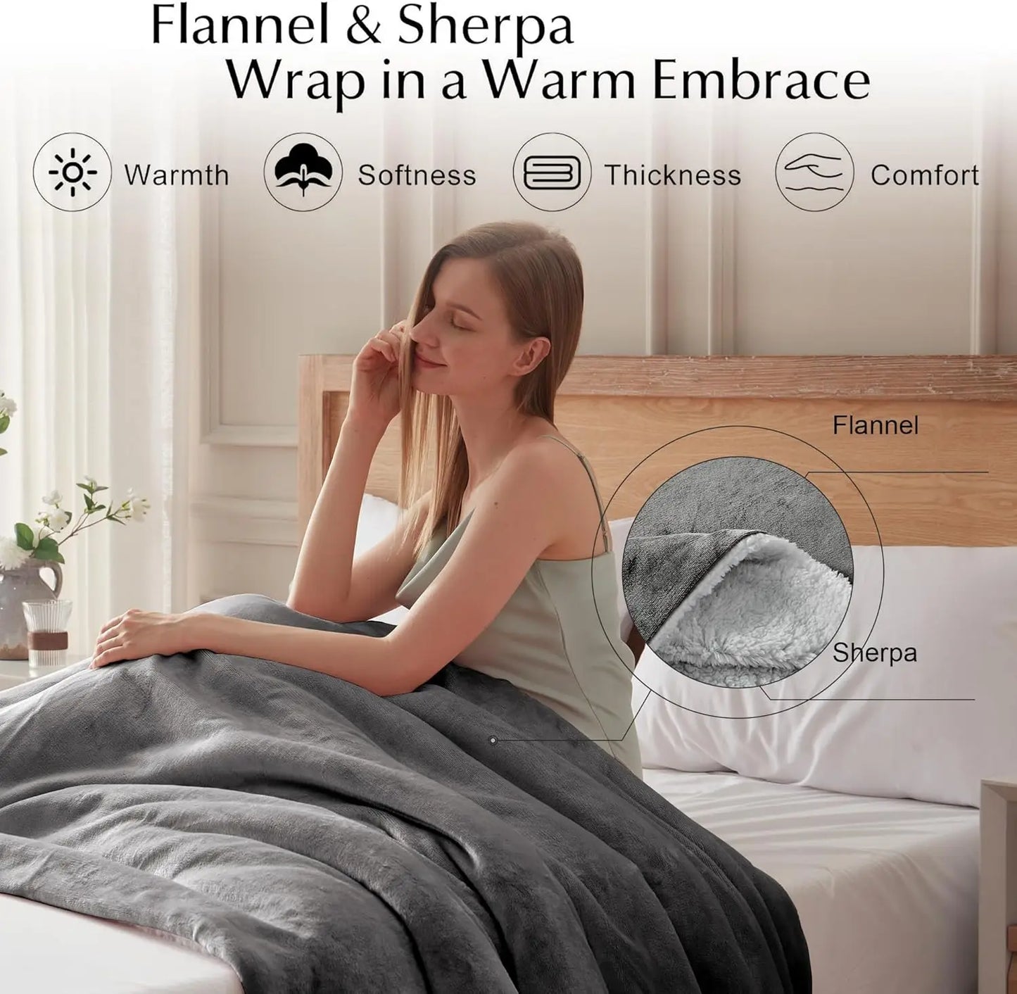 King Size Electric Heated Blanket with Dual Control, 6 Heat Levels & Auto-Off, Soft Flannel Sherpa Material