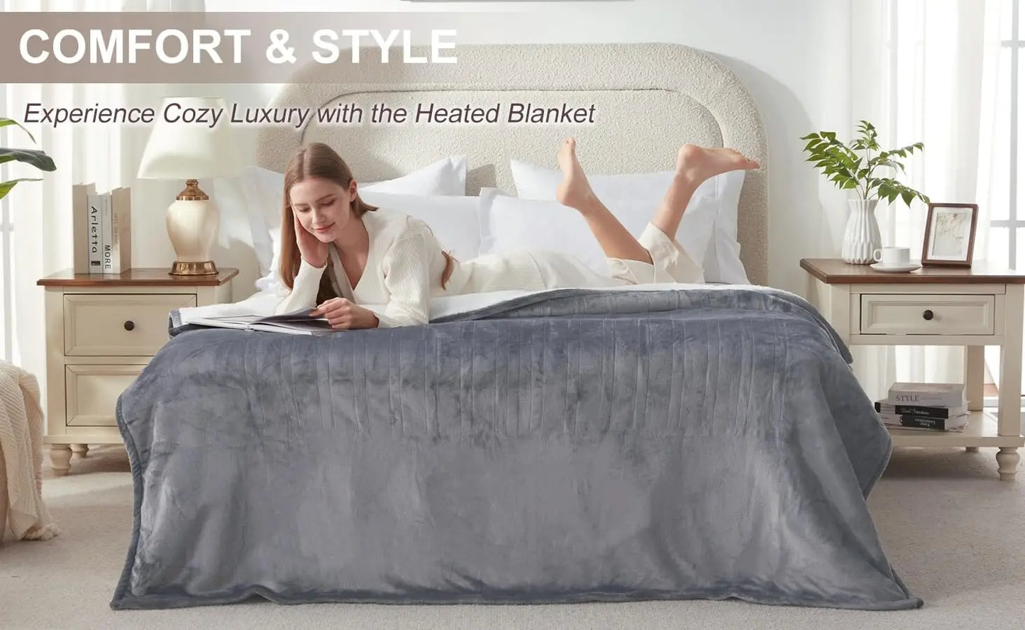 King Size Electric Heated Blanket with Dual Control, 6 Heat Levels & Auto-Off, Soft Flannel Sherpa Material