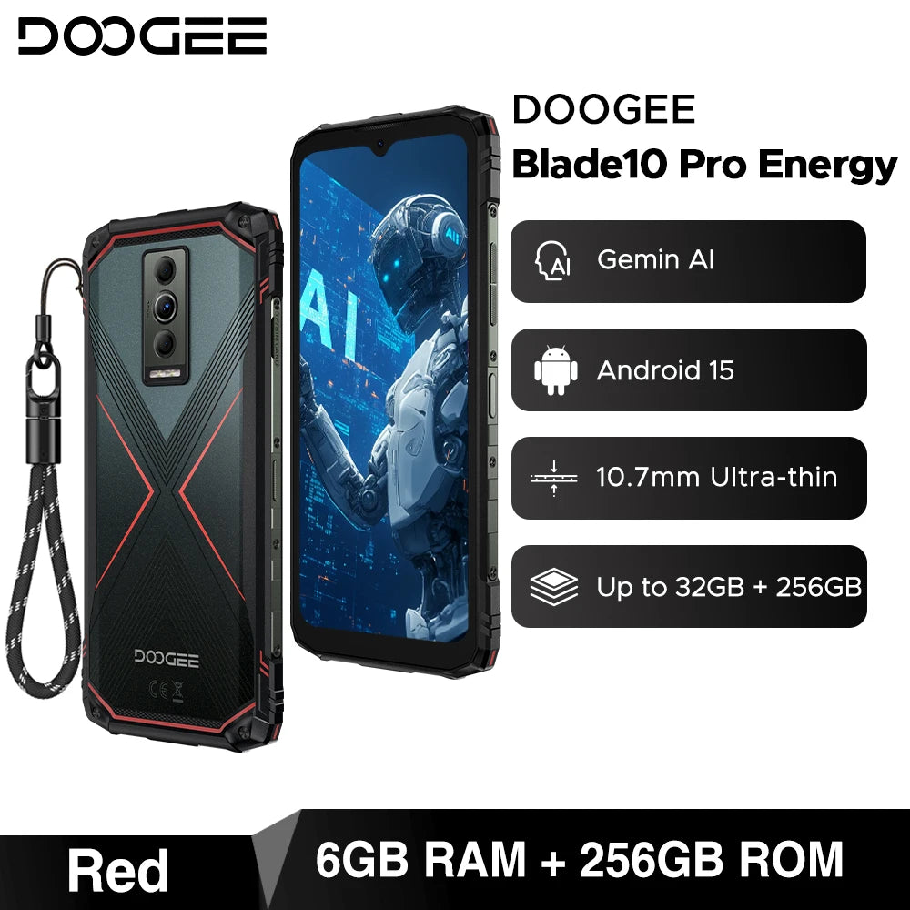 DOOGEE Blade10 Pro Energy Rugged Phone 6.56'' Screen 10.7mm Ultra-thin 6GB RAM 256GB ROM 6150mAh Battery Android 15  Smartphone