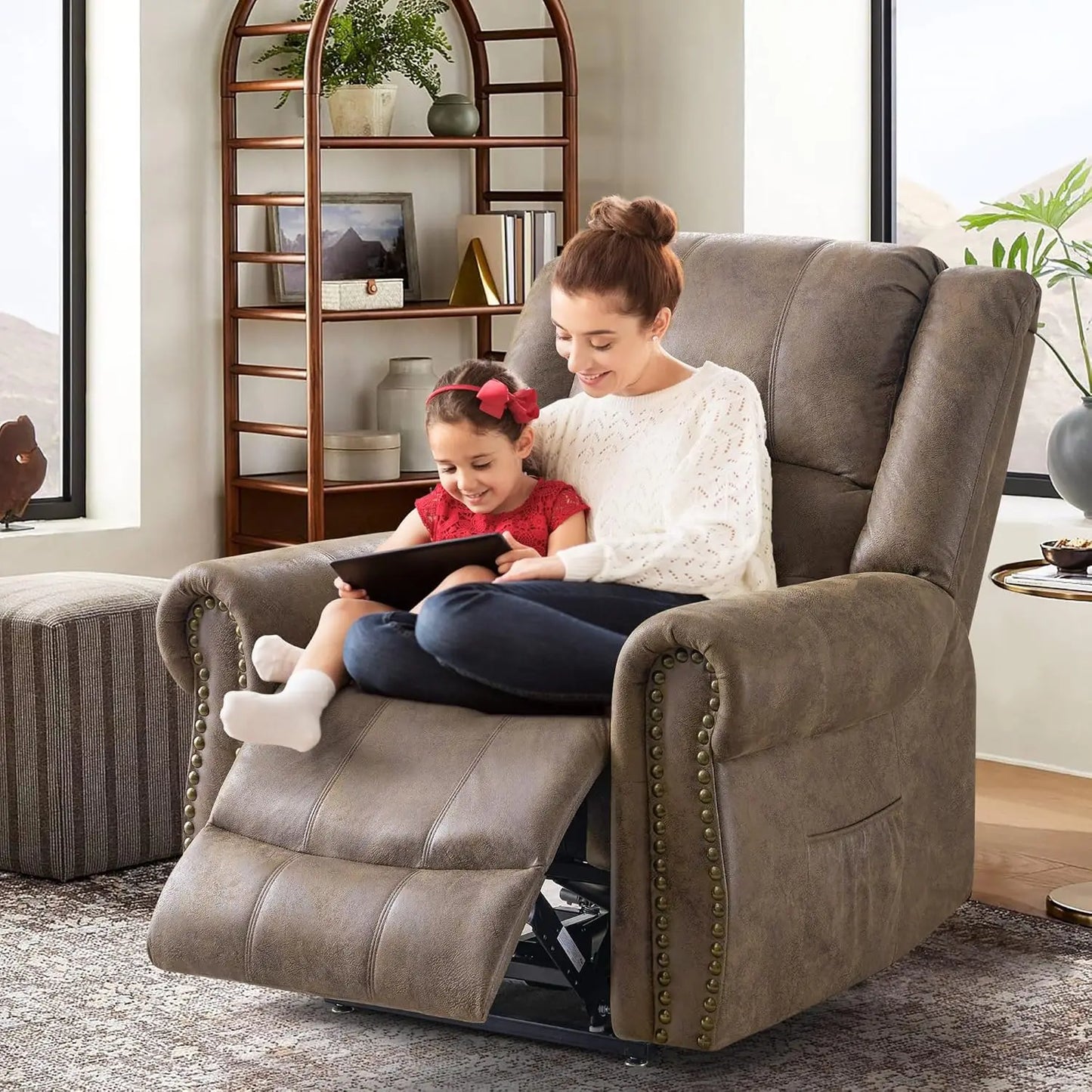 Dual Motor Lay Flat Power Lift Recliner Chair for Elderly, Breathable Leather Large Infinite Position Electric Chairs
