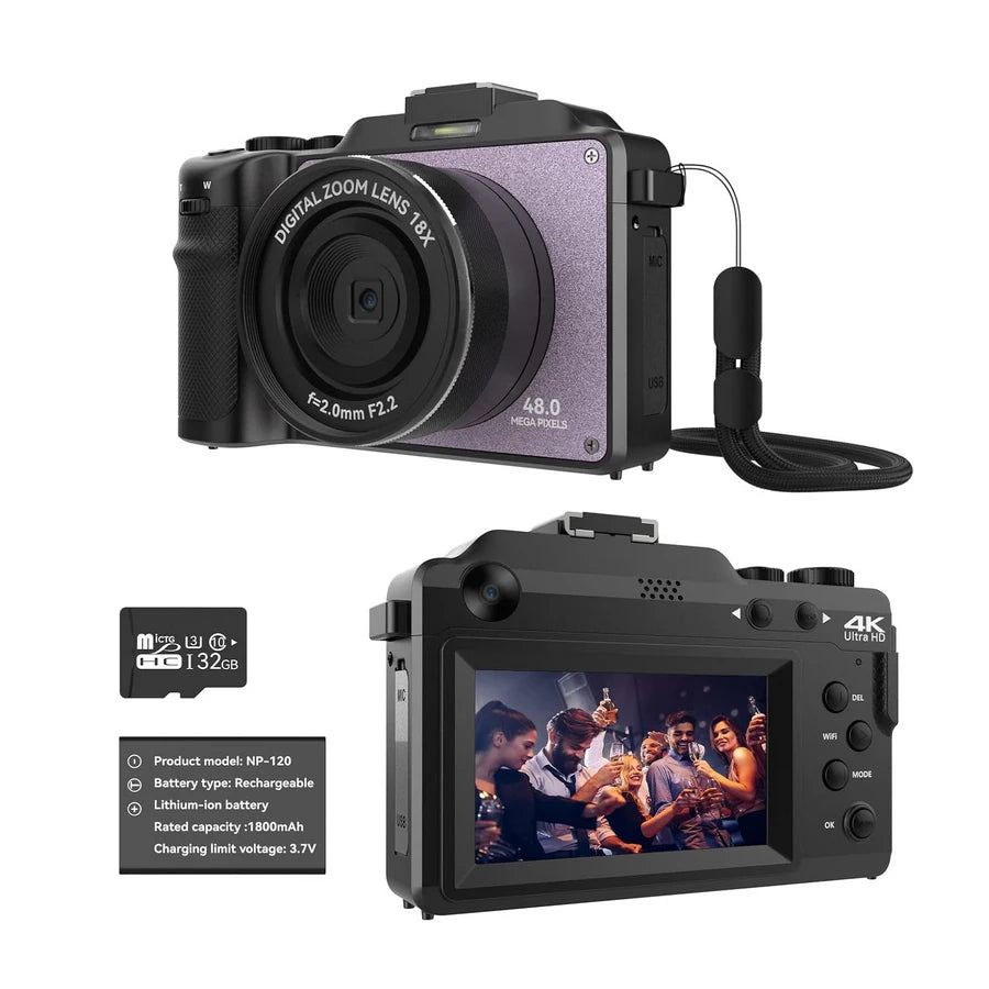 48MP Camera for Photography,4K Digital Camera for Kids and Adults with Front and Rear Dual Cameras,18X Digital Zoom,Built-in 7 C