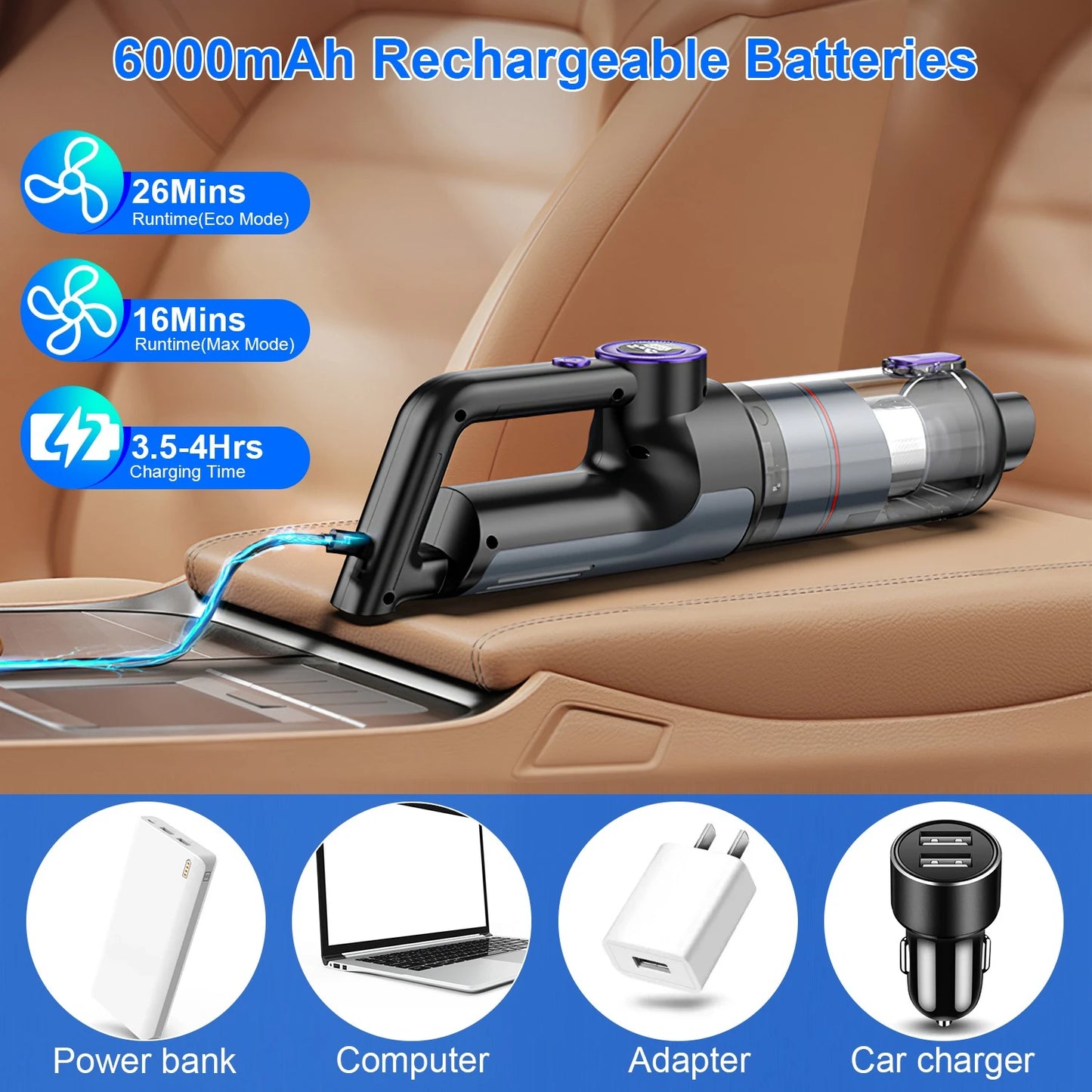 15000PA Handheld Vacuums Rechargeable LCD Display Multifunctional Low Noise High Power Cordless Car Vacuum Cleaner