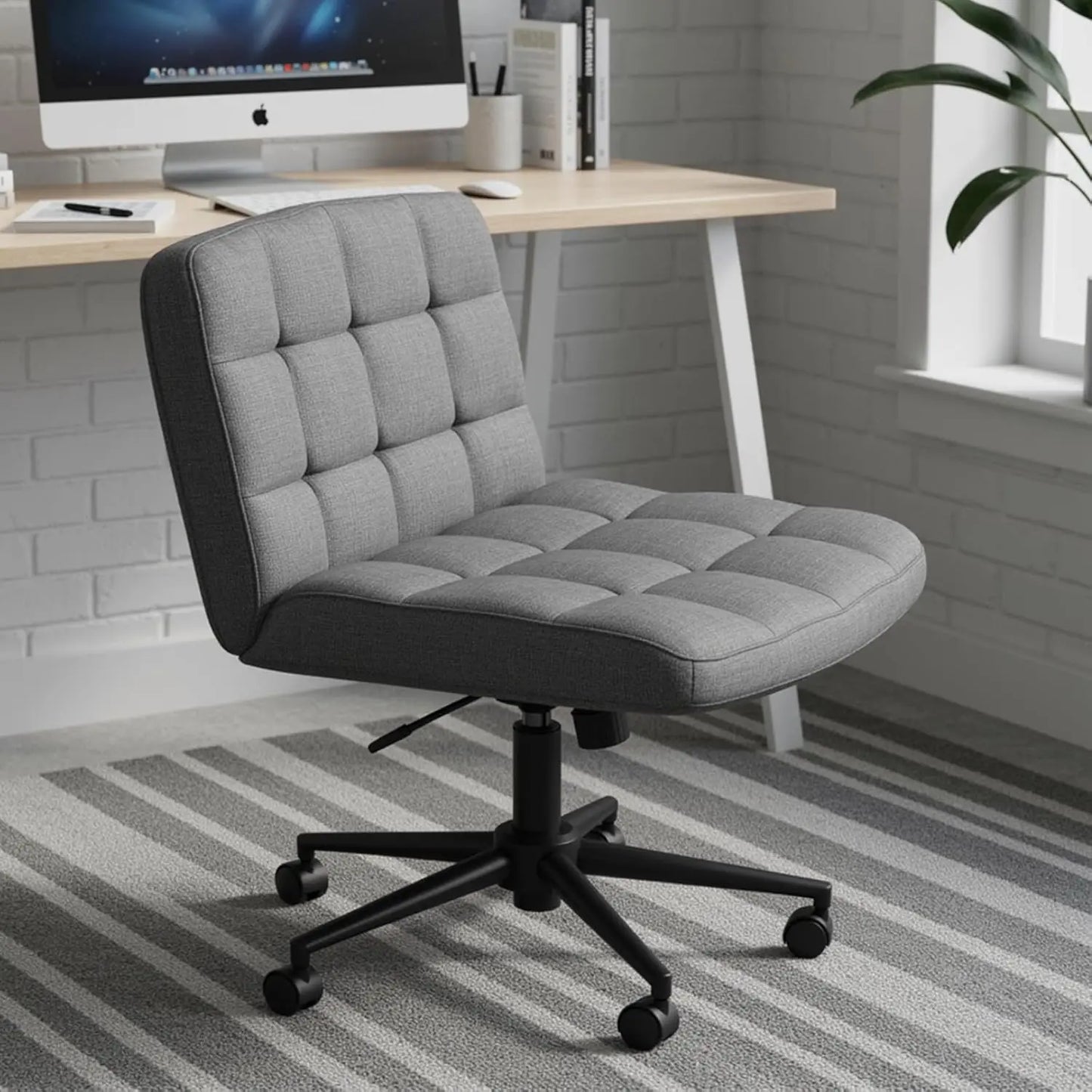 Criss Cross Legged Chair,Wide Comfy Office Desk Chair,Dual-Use with Wheels Computer Task Chair,Swivel Armless Vanity Rolling