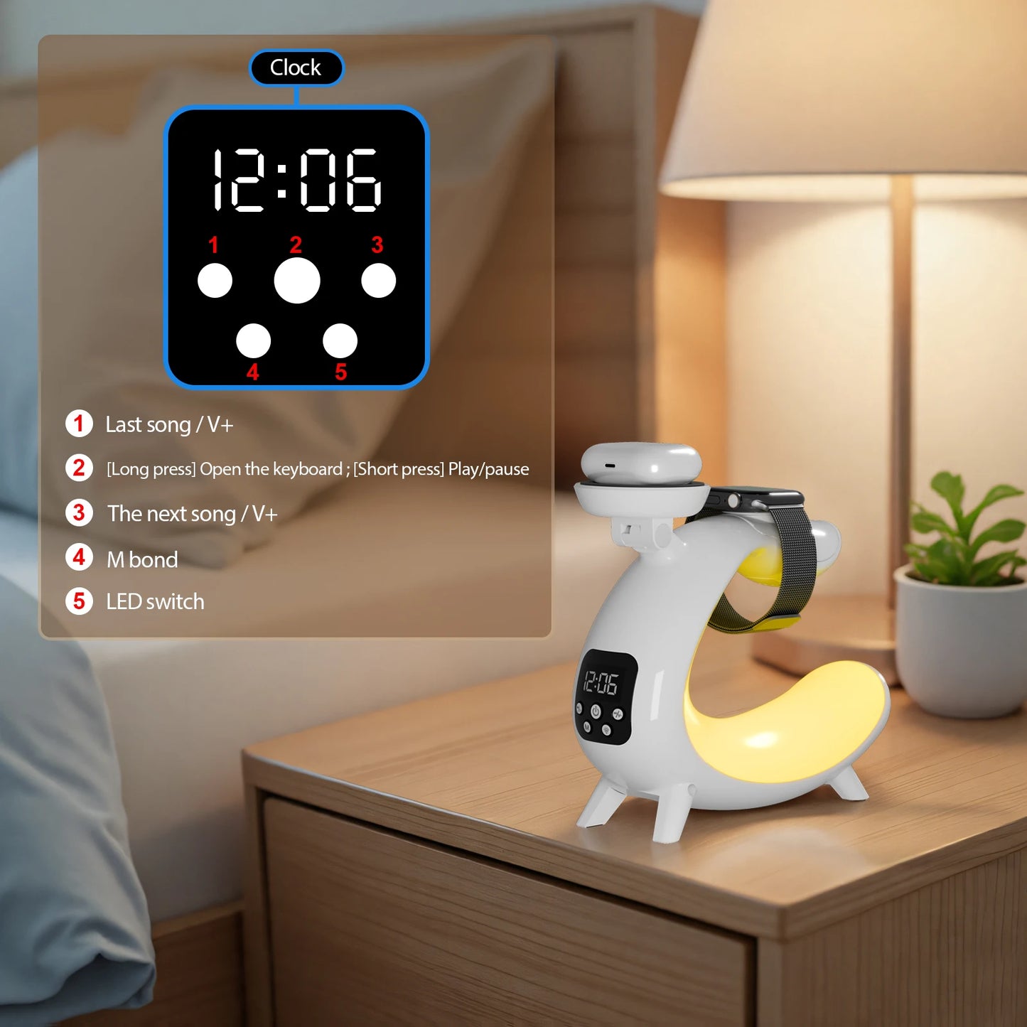 Magnetic Wireless Charger 6 in 1 Multifunction Stand Speaker Bluetooth Clock Colorful Nightlights for iPhone 17 16 15 Samsung