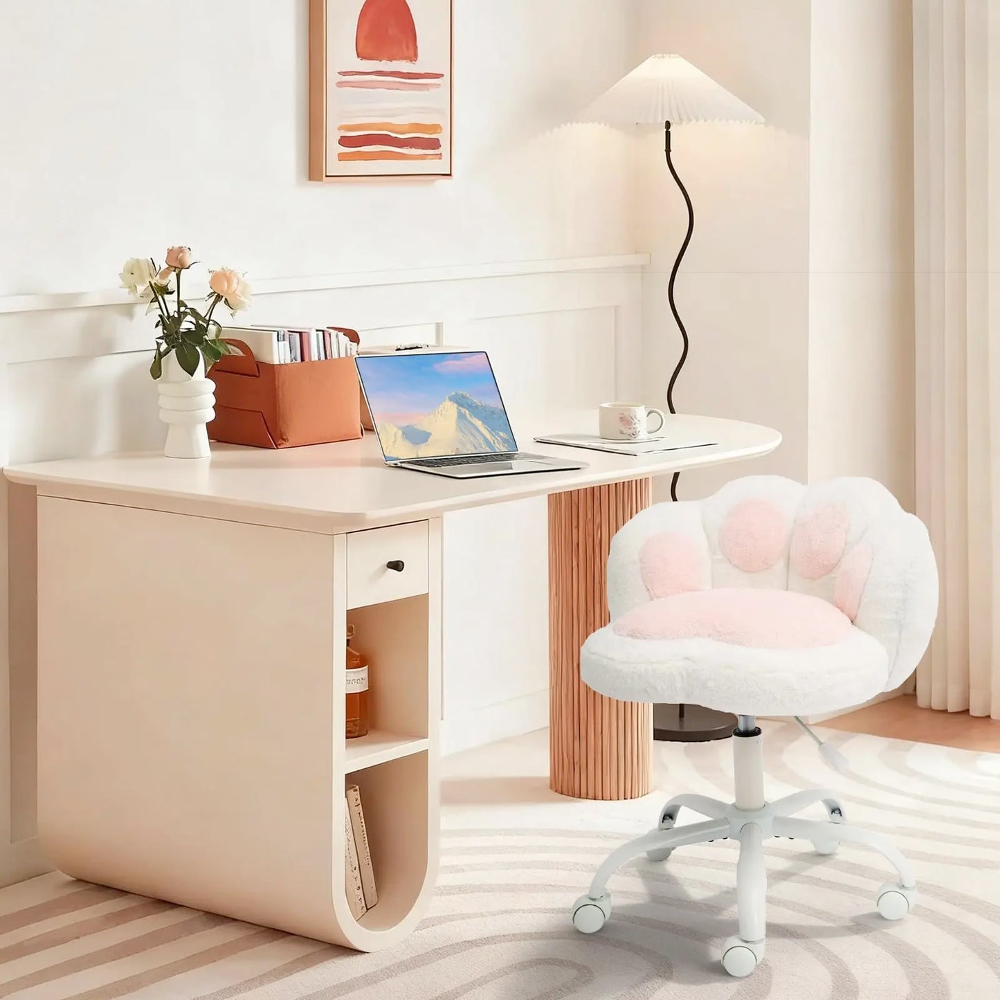 Vanity Chair with Wheels,Cute Cat Paw Office Chair with Back,360°Rotating Height Adjustable Armless Chair in Vibrant Color