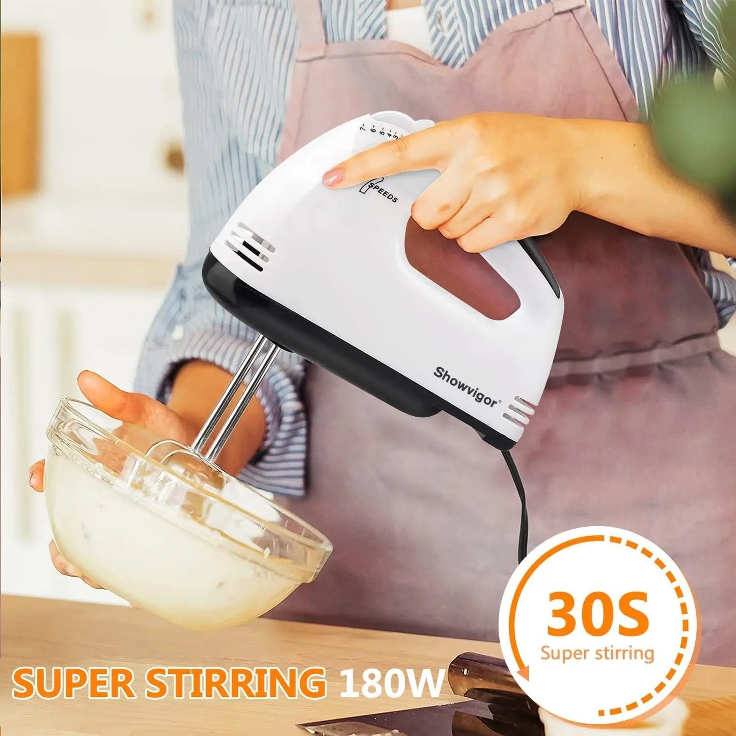 Electric Hand Mixer 180W with 5 Stainless Steel Attachments, 7 Speeds, Turbo Boost & Eject Button