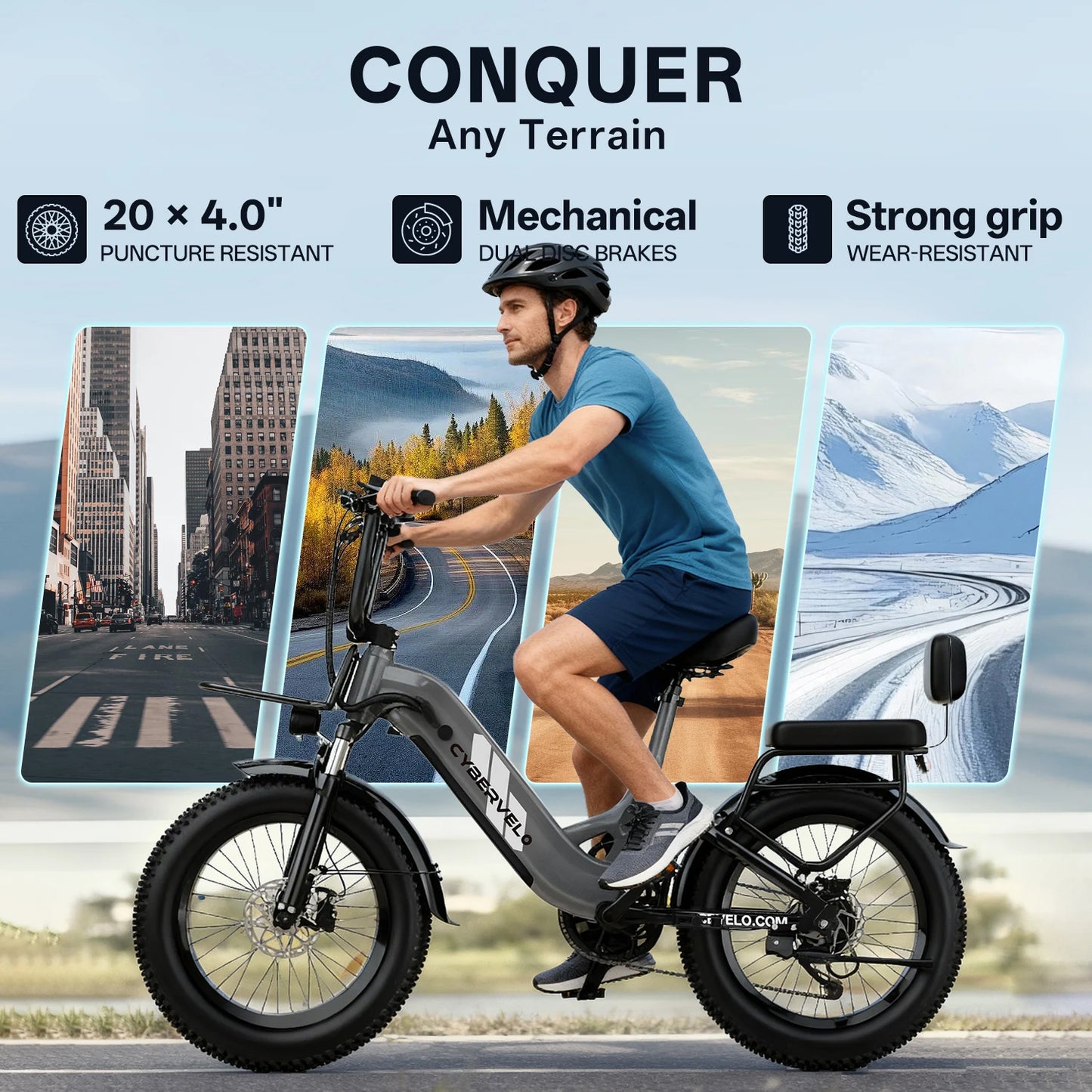 Cybervelo Step-Thru Electric Bike for Adults and Youths, 48V 20AH Removable Battery, 30+MPH, 20" Fat Tire 7-Speed Commuter EK12