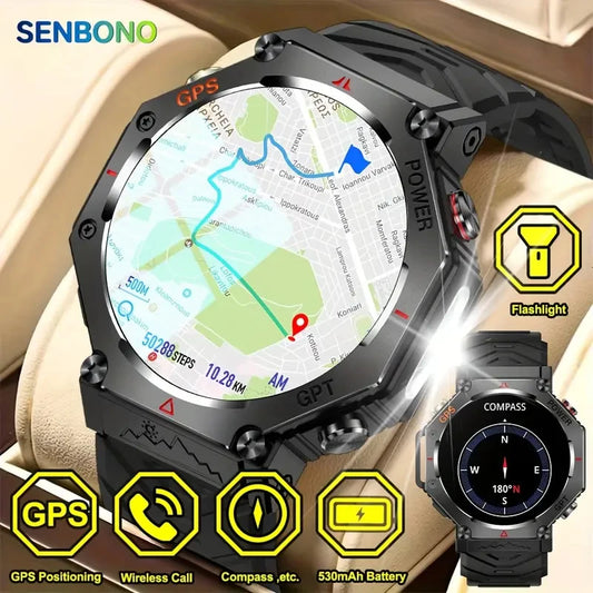 SENBONO Built-in GPS Smart Watch Men Bluetooth Call 3ATM Waterproof Military Sport Smartwatch With AI GPT Cpmpass Watch for Men