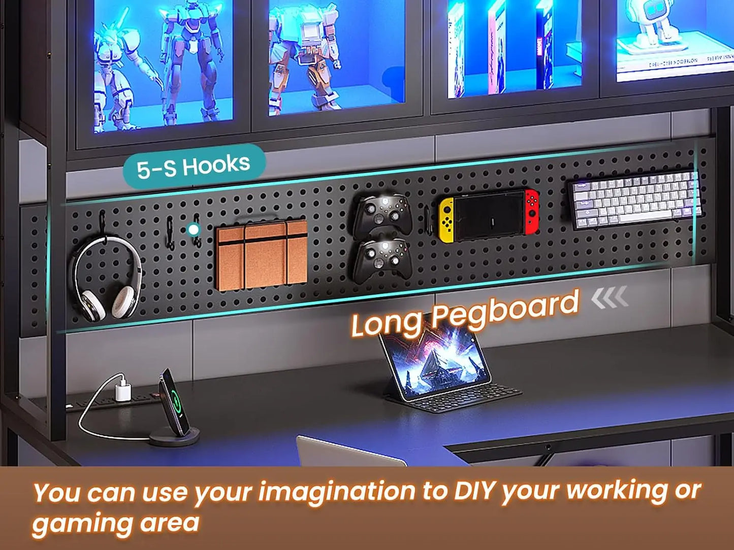 L Shaped Gaming Desk with Drawers, L Shaped Computer Desk with Hutch and Storage Shelves, Gaming Desk with Pegboard, Led Lights,