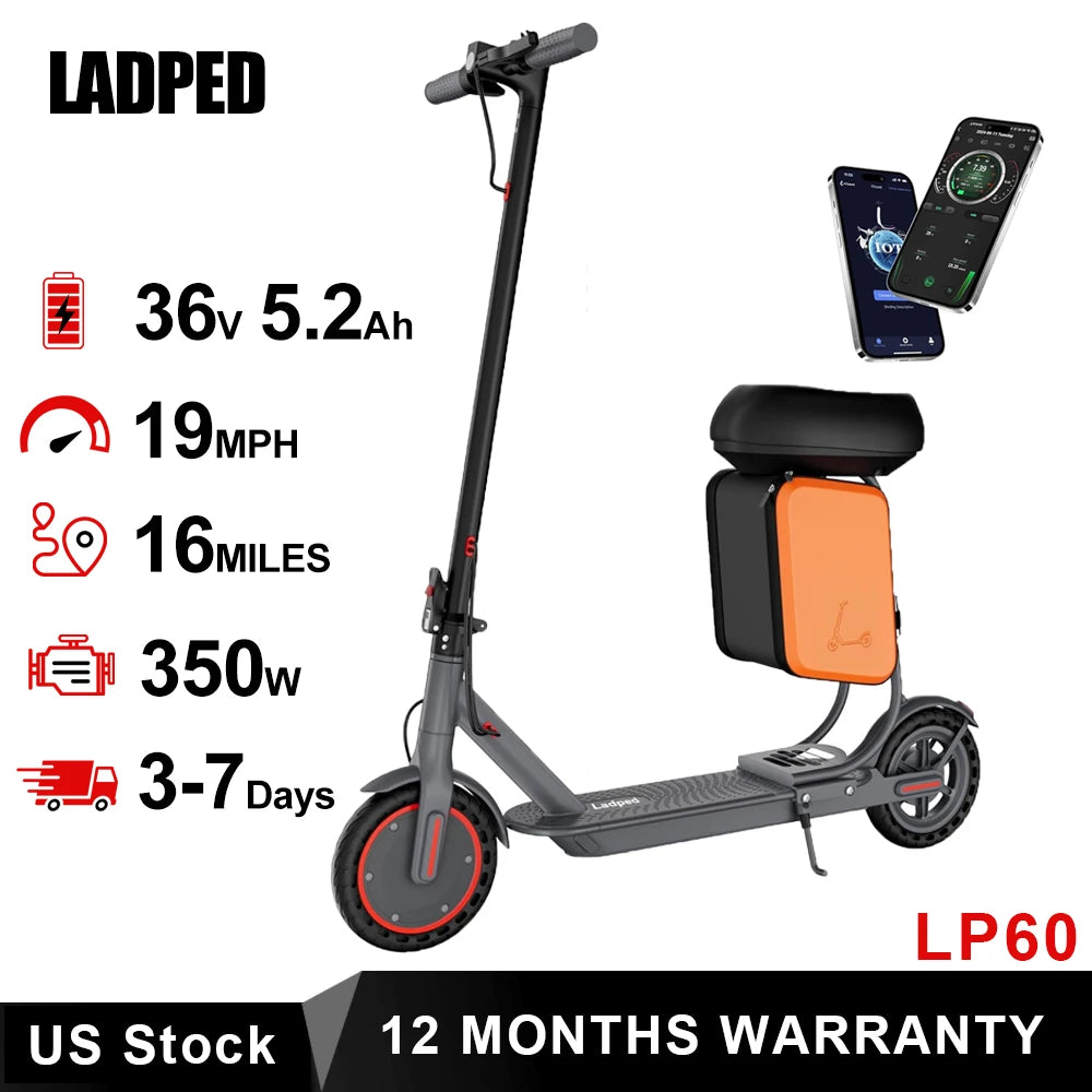 LADPED Electric Scooter 350W Motor 36V 5.2Ah Battery app Control 19mph Max Speed Up to 16miles Range Foldable Scooter with Seat