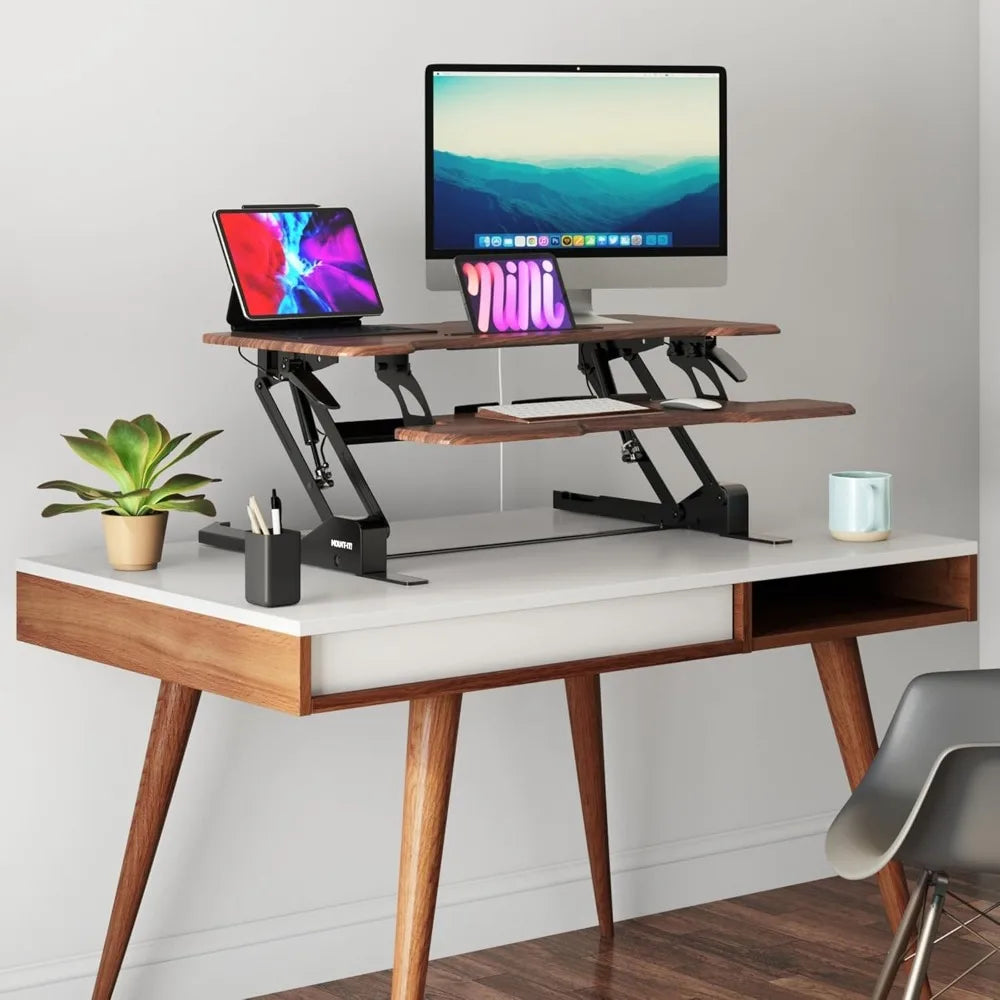 Mount-It! 38 Inch Standing Desk Converter, Sit Stand Desk Riser for Dual Monitors with Keyboard Tray, Height Adjustable Desktop