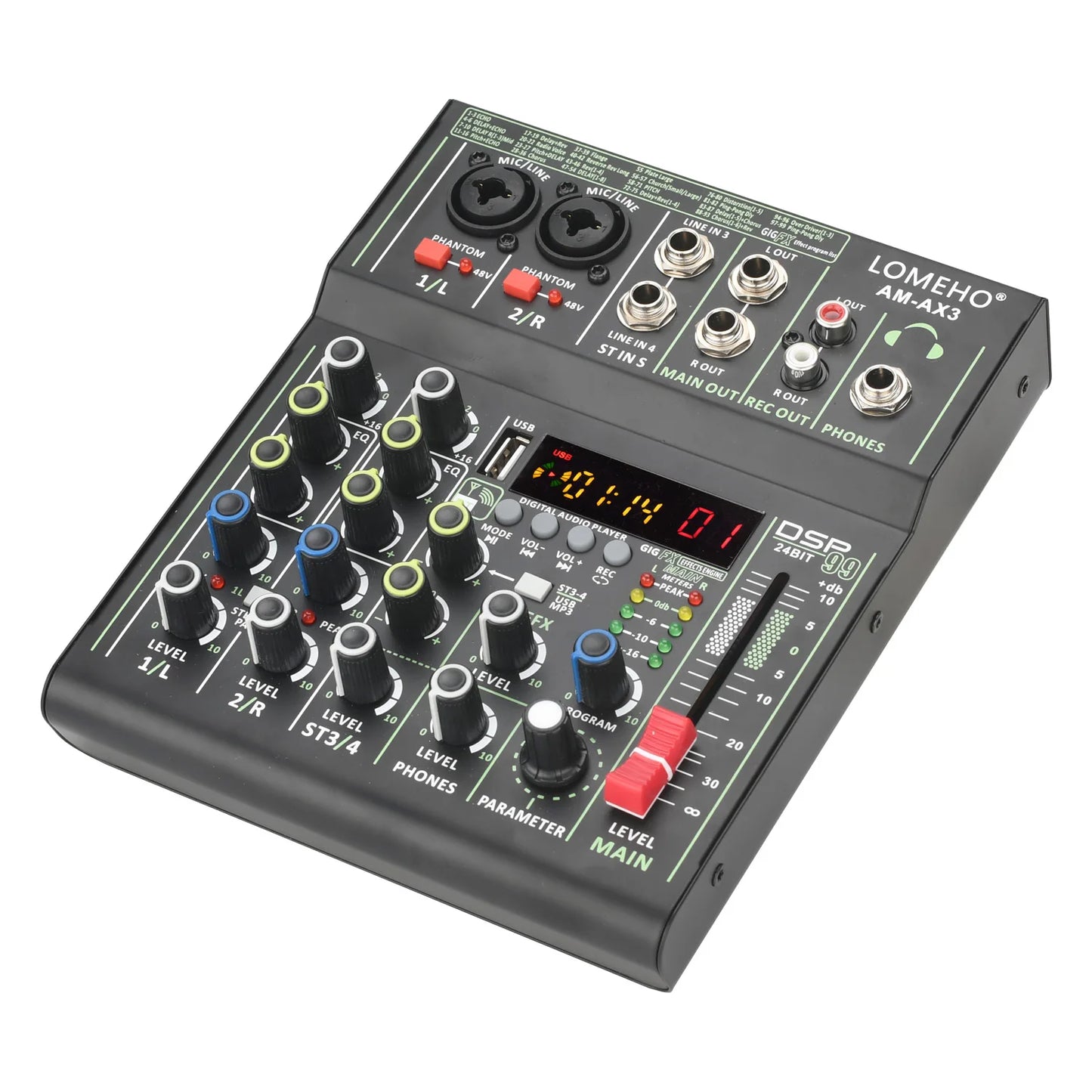Lomeho 4 Channels Sound Mixer 48V 99 Digital Effect Portable Audio Table Bluetooth USB PC Record Mixing Console Church AM-AX3