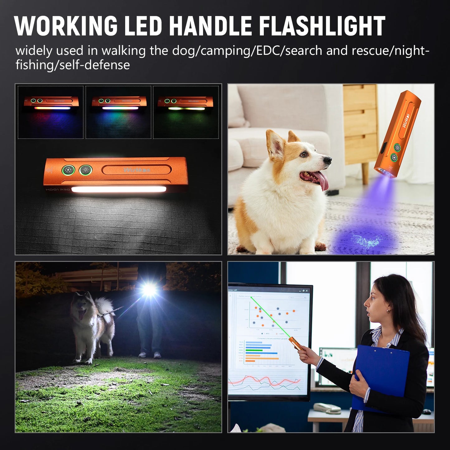 Wurkkos HD01 PRO Rechargeable Flat EDC Flashlight with Green Beam UV Light White LED and Side RGB Lights 1200 LM for Emergency