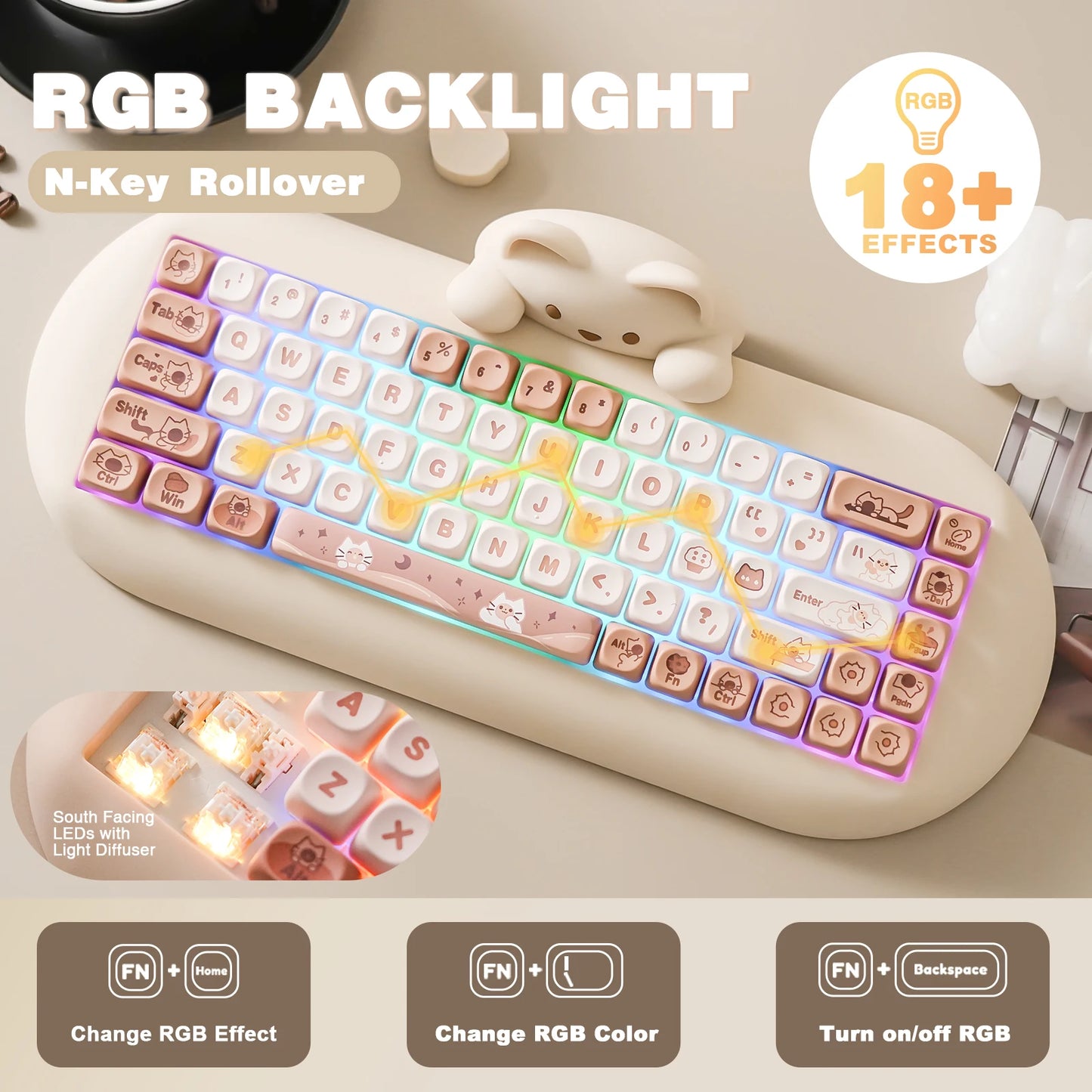 YUNZII C68 Wireless Gaming Keyboard Cat Themed RGB
