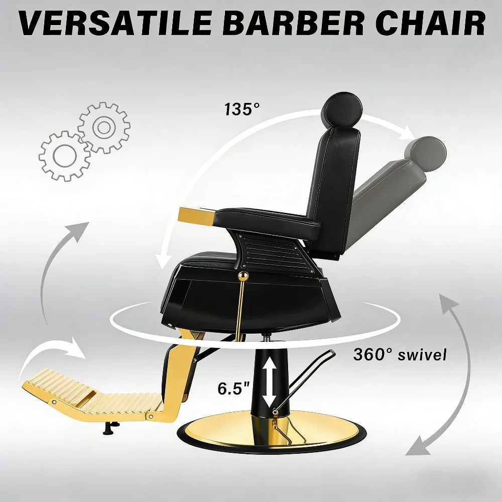 Black Gold Barber Chair, Reclining Salon Chair Hair Stylist, Barber Chairs for Barbershop Supports up to 500lbs, Professional Sa