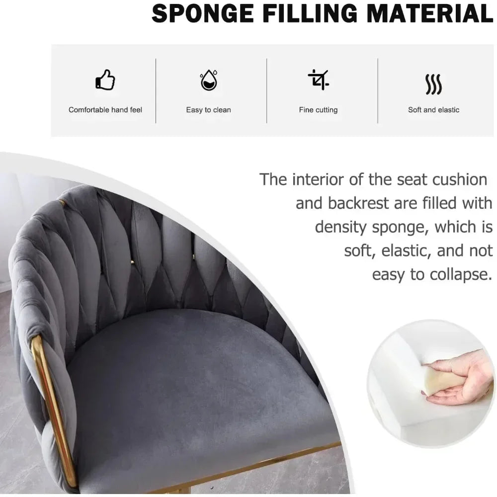 Velvet Bar Stools Set of 4 - Modern Adjustable Swivel Counter Height Chairs with Woven Back, Kitchen Island Chairs