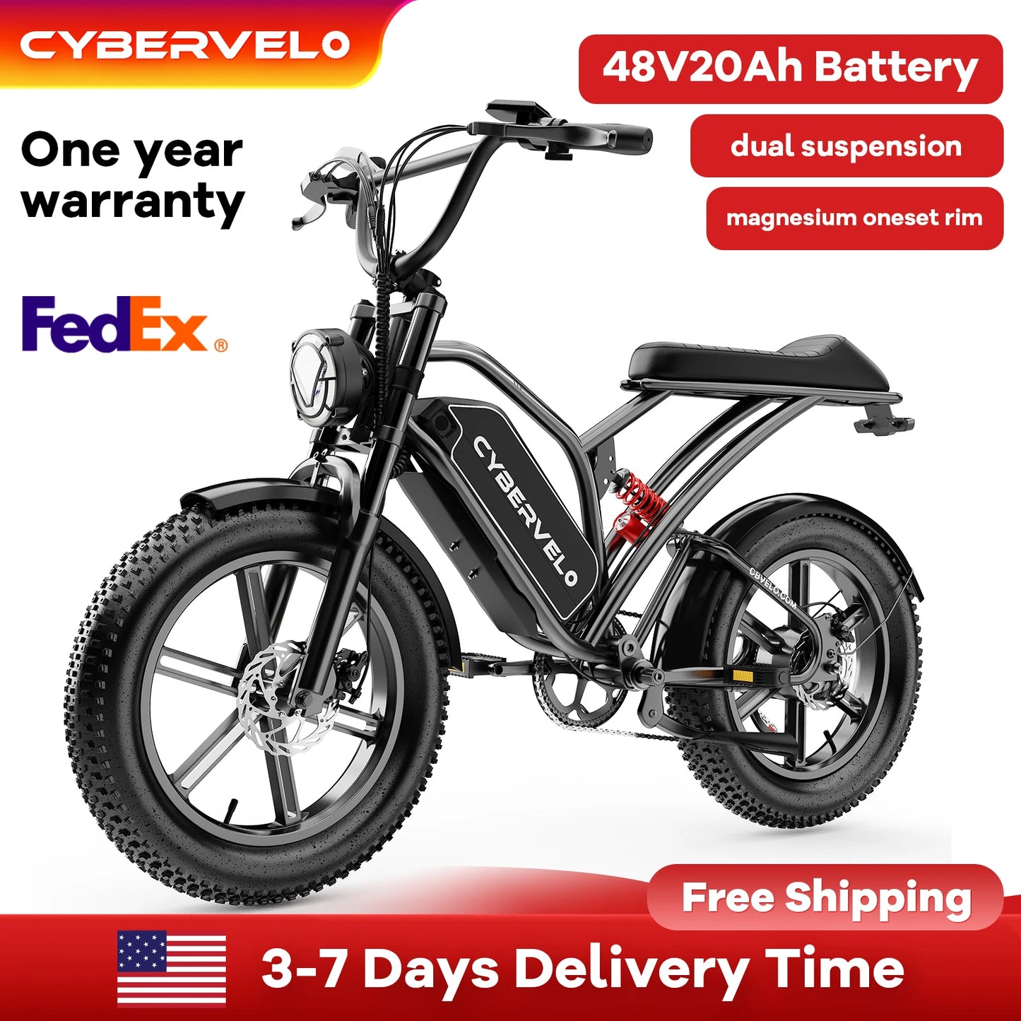 Cybervelo Mountain Snow E-Bike, 48V 20AH Detachable Battery, Long range 80+Miles E-Motorcycle, 20" Fat Tire All-Terrain E11