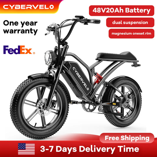 Cybervelo Mountain Snow E-Bike, 48V 20AH Detachable Battery, Long range 80+Miles E-Motorcycle, 20" Fat Tire All-Terrain E11