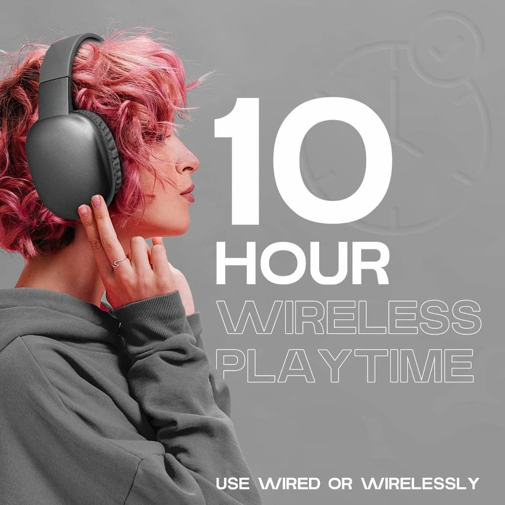 Ultra Wireless Headphones, Rechargeable, 10Hr Playtime, SD Slot, Backup Wire, Soft Cushion, Mic‌