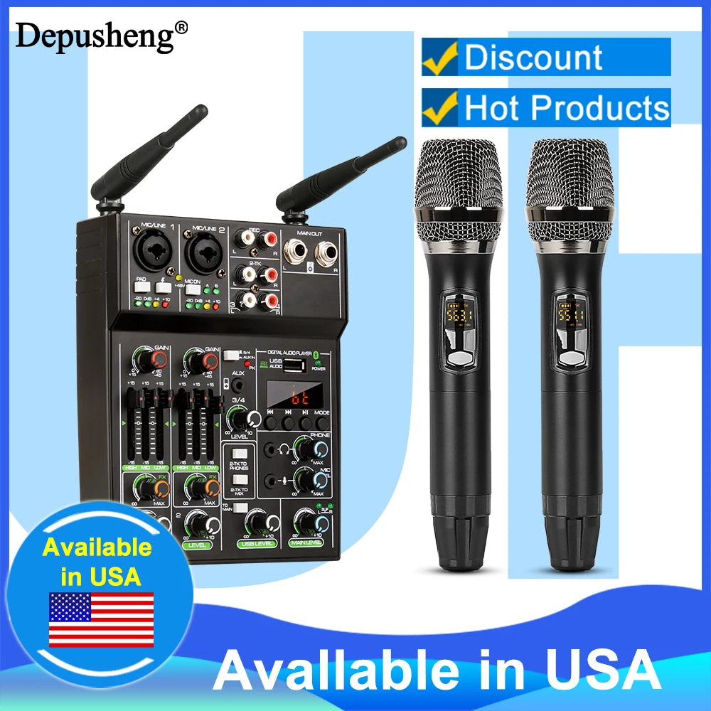 Audio Mixer 4 Channel High Power Amplifie Sound mixing with Microphone Depusheng UF4-M Digital Board Console for Karaoke Stage