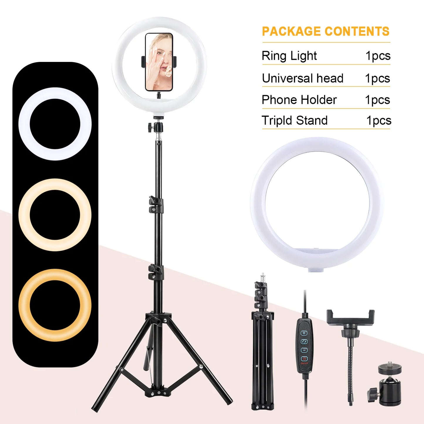 12 Inch Dimmable LED Ring Light with 110cm Tripod and Flexible Cell Phone Stand, USB Powered (3 Lighting Modes), For Selfies