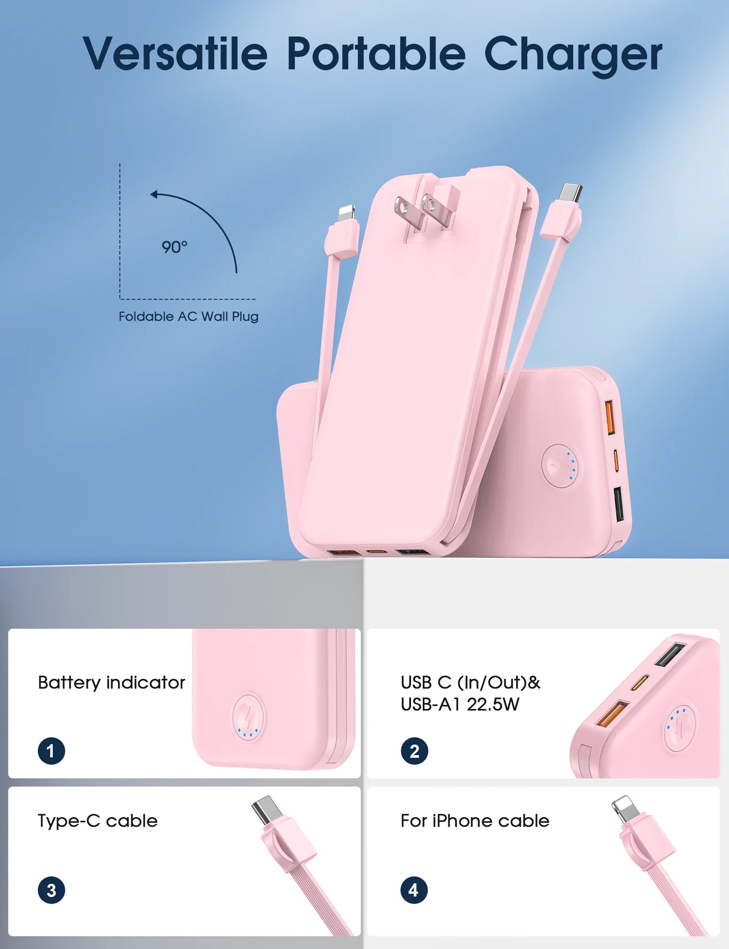 （Pink）Portable 12000mAh AC Wall Charger Power Bank with Built-in Cables,USB-C Fast Charging,Ultra-Slim Design,Travel Essential